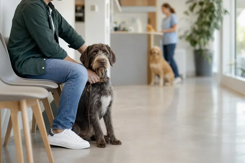 Ein Branchiero Siciliano Hund sitzt ruhig neben seinem Besitzer im hellen Wartezimmer einer modernen Tierarztpraxis.